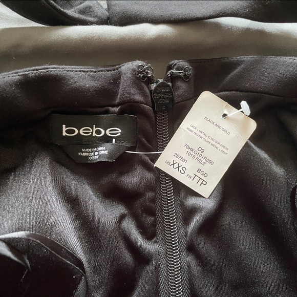 BEBE Black and Gold Lace Metallic Velour Dress US XXS - Picture 7 of 12